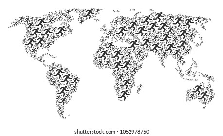 Global world atlas mosaic created of running man pictograms. Vector running man icons are united into mosaic global pattern.