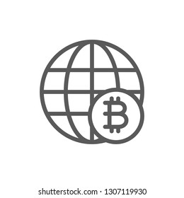 Global world with bitcoin coin, blockchain, crypto network line icon.