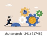 Global or world business vision, international business opportunities, dollar price increase concept, smart businessman pulls the lever to change the value of the dollar currency.