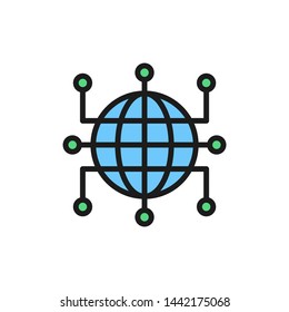 Global world with closed contacts, blockchain, cryptocurrency flat color icon.