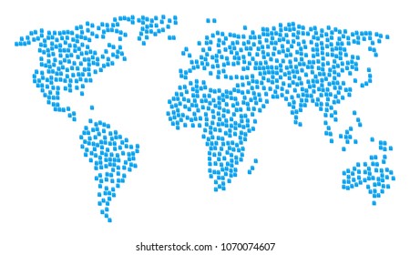 Global world collage map constructed of toilet paper roll design elements. Vector toilet paper roll scattered flat pictograms are organized into mosaic world composition.