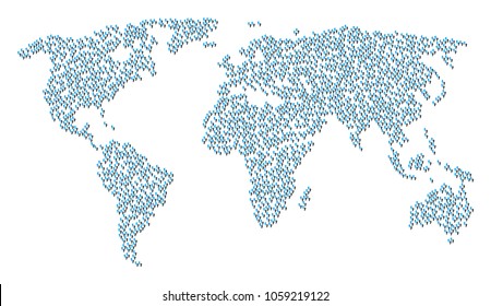 Global world concept map constructed of human footprints icons. Vector human footprints scattered flat pictograms are composed into geometric geographic scheme.