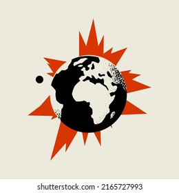 Global world crisis conceptual illustration with globe Earth silhouette in fire isolated on white background. Vector illustration