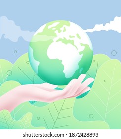 Global world ecology concept with side view of hand silhouette holding green Earth globe. Green floral background with blue sky and clouds. Vector illustration