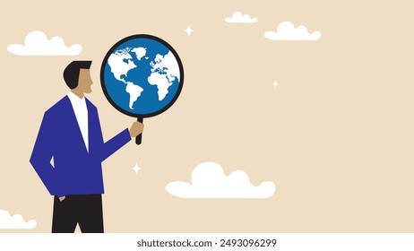 Global world economic analysis, international work opportunity, oversea research or investment country risk, region or foreign career searching concept, businessman analyze global world business.