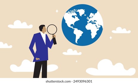 Global world economic analysis, international work opportunity, oversea research or investment country risk, region or foreign career searching concept, businessman analyze global world business.