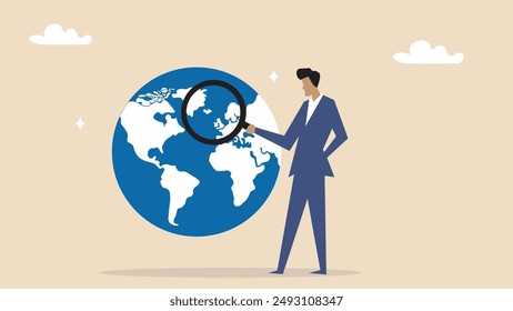 Global world economic analysis, international work opportunity, oversea research or investment country risk, region or foreign career searching concept, businessman analyze global world business.