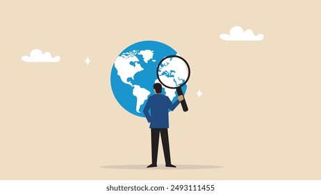 Global world economic analysis, international work opportunity, oversea research or investment country risk, region or foreign career searching concept, businessman analyze global world business.