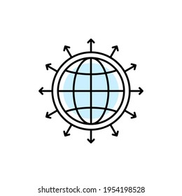 icono de la expansión mundial global con el mundo de la línea delgada. tendencia lineal plana diseño de arte de trazo gráfico logotipo moderno aislado en blanco. concepto de distribución comercial internacional abstracta