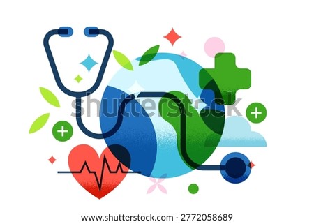 Global world health concept vector illustration. Earth planet globe with stethoscope, heart pulse and medical crosses. Abstract geometric design for medicine and healthcare