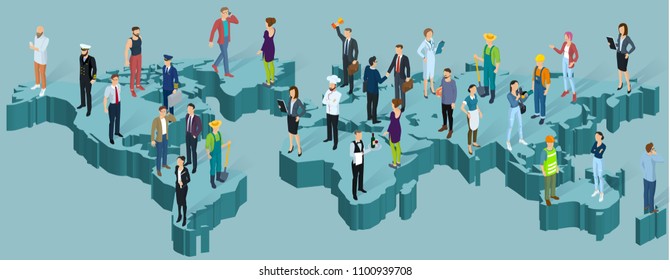 Global world isometric map. People of different professions, population infographic presentation vector template.