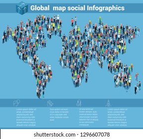 Global world isometric map. People of different professions, population infographic presentation vector template.