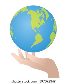 global world map floating over hand, vector illustration