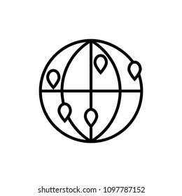 Global world map with geo location pins vector icon. Simple flat GPS pictogram isolated on white background.
