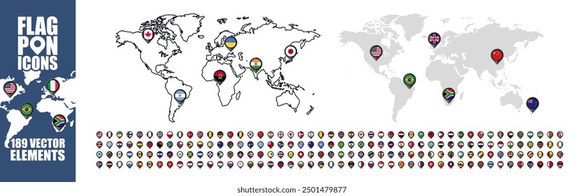 Global world map with geo location flag pins vector icon. Giant world flag set. All World Flags. Vector Round Pin Flat Icons