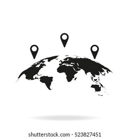 Global world map with geo location pins vector icon. Simple flat GPS pictogram isolated on white background.