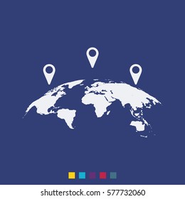 Global World Map With Geo Location Pins Vector Icon. Simple Flat Location Pictogram.
