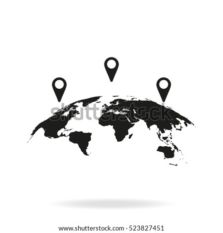 Global world map with geo location pins vector icon. Simple flat GPS pictogram isolated on white background.