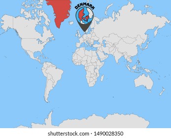 Global world map with geolocation and contour of country Kingdom of Denmark . original colors and proportion. Simply vector illustration, from countries flag set.