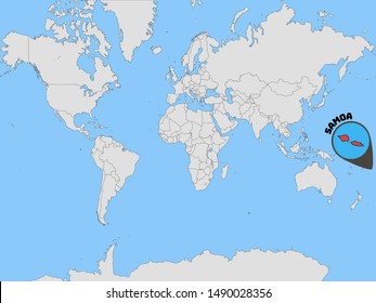 Global world map with geolocation and contour of country Independent State of Samoa. original colors and proportion. Simply vector illustration eps10, from countries flag set.
