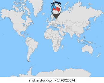 Global world map with geolocation and contour of country Republic of Latvia. original colors and proportion. Simply vector illustration, from countries flag set.
