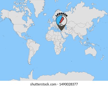 Global world map with geolocation and contour of country Lebanese Republic. original colors and proportion. Simply vector illustration, from countries flag set.
