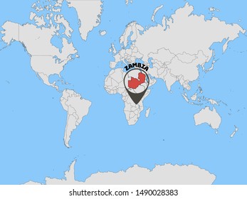 Global world map with geolocation and contour of country Zambia. African Country. Simply vector illustration eps10. Original colors and proportion. from countries flag set.