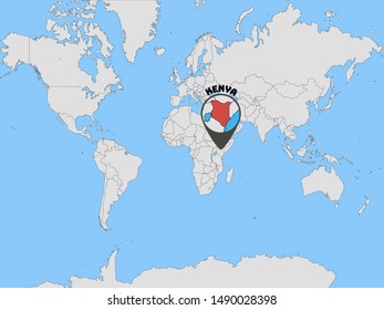 Global world map with geolocation and contour of country Republic of Kenya. original colors and proportion. Simply vector illustration eps10, from countries flag set.