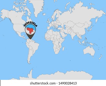 Global world map with geolocation and contour of country Bolivarian Republic of Venezuela, original colors and proportion. Simply vector illustration eps10, from countries flag set.