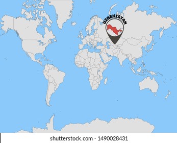 Global world map with geolocation and contour of country  Republic of Uzbekistan, original colors and proportion. Simply vector illustration eps10, from countries flag set.