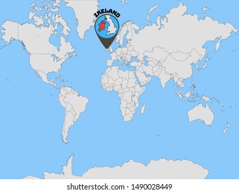 Global world map with geolocation and contour of country  Ireland . original colors and proportion. Simply vector illustration, from countries flag set.