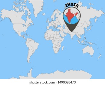 Global world map with geolocation and contour of country Republic of India. original colors and proportion. Simply vector illustration, from countries flag set.