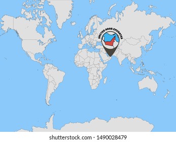 Global world map with geolocation and contour of country  United Arab Emirates, original colors and proportion. Simply vector illustration eps10, from countries flag set.