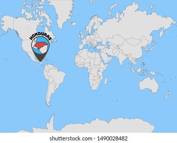 Global world map with geolocation and contour of country  Republic of Honduras. original colors and proportion. Simply vector illustration, from countries flag set.