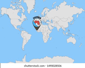 Global world map with geolocation and contour of country Republic of Guinea. original colors and proportion. Simply vector illustration eps10, from countries flag set.