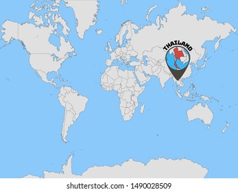 Global world map with geolocation and contour of country Kingdom of Thailand, original colors and proportion. Simply vector illustration eps10, from countries flag set.