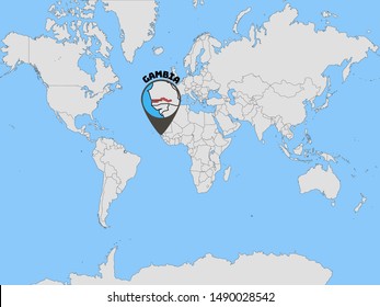 Global world map with geolocation and contour of country Republic of the Gambia. original colors and proportion. Simply vector illustration eps10, from countries flag set.