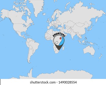 Global world map with geolocation and contour of country Kingdom of Eswatini, know before as Swaziland. original colors and proportion. Simply vector illustration eps10, from countries flag set.