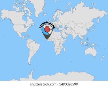 Global world map with geolocation and contour of country Republic of Sierra Leone. original colors and proportion. Simply vector illustration eps10, from countries flag set.