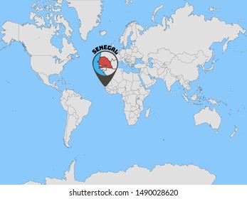 Global world map with geolocation and contour of country Republic of Senegal. original colors and proportion. Simply vector illustration eps10, from countries flag set.