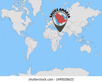 Global world map with geolocation and contour of country Kingdom of Saudi Arabia. original colors and proportion. Simply vector illustration eps10, from countries flag set.