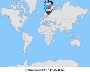 Global world map with geolocation and contour of country Republic of Estonia. original colors and proportion. Simply vector illustration, from countries flag set.