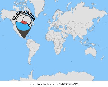 Global world map with geolocation and contour of country Republic of El Salvador. original colors and proportion. Simply vector illustration, from countries flag set.