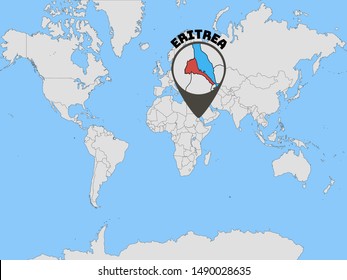 Global world map with geolocation and contour of country Eritrea. original colors and proportion. Simply vector illustration eps10, from countries flag set.