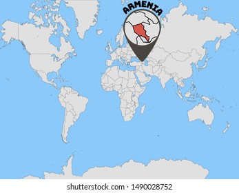 Global world map with geolocation and contour of country Republic of Armenia. original colors and proportion. Simply vector illustration, from countries flag set.