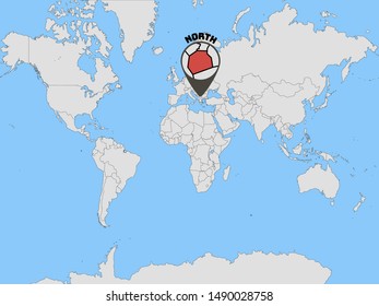 Global world map with geolocation and contour of country Republic of North Macedonia. original colors and proportion. Simply vector illustration, from countries flag set.