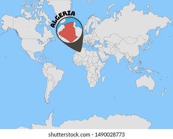 Global world map with geolocation and contour of country Peoples Democratic Republic of Algeria. original colors and proportion. Simply vector illustration eps10, from countries flag set.
