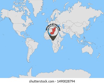 Global world map with geolocation and contour of country Republic of The Congo. original colors and proportion. Simply vector illustration eps10, from countries flag set.