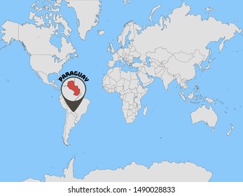 Global world map with geolocation and contour of country Republic of Paraguay. original colors and proportion. Simply vector illustration eps10, from countries flag set.