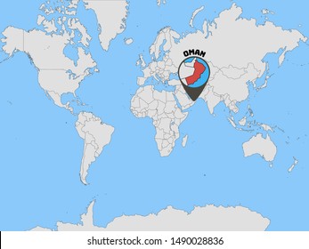 Global world map with geolocation and contour of country Sultanate of Oman. original colors and proportion. Simply vector illustration eps10, from countries flag set.